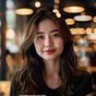 娱乐资讯控用户头像，时尚年轻女性，背景为明亮咖啡馆
