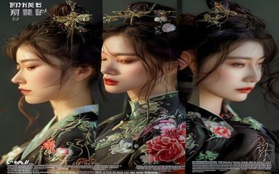 风间由美写真集封面风格照片，专业摄影棚内女演员以多种造型展示个人形象，画面精致唯美