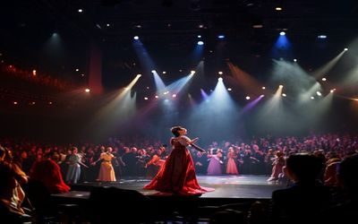 风间由美舞台剧经典演出场景，剧场聚光灯下女演员身着戏服投入表演，观众席隐约可见